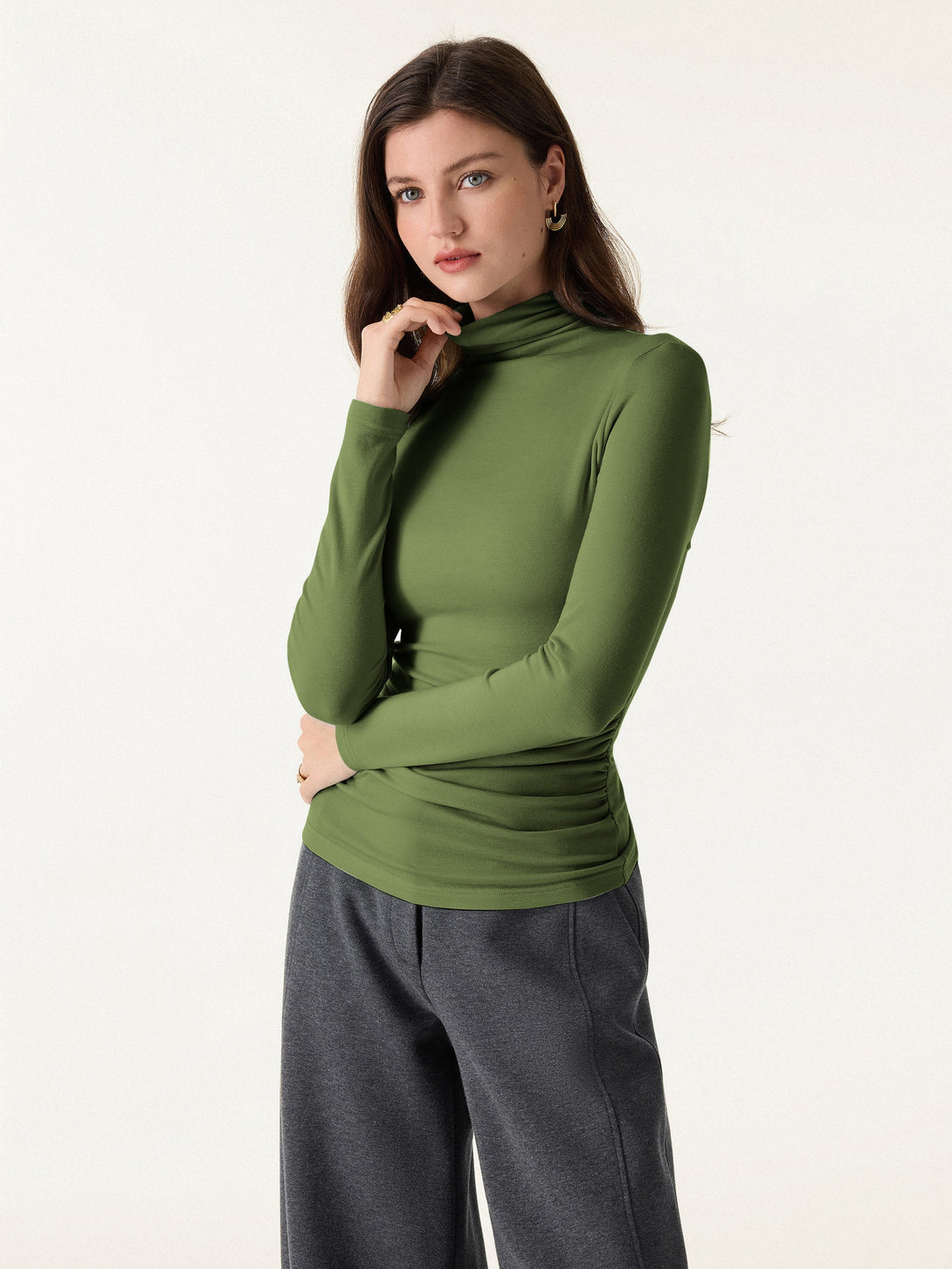 Lyocell Cashmere Turtleneck Side Ruched Top 1Pc Kale