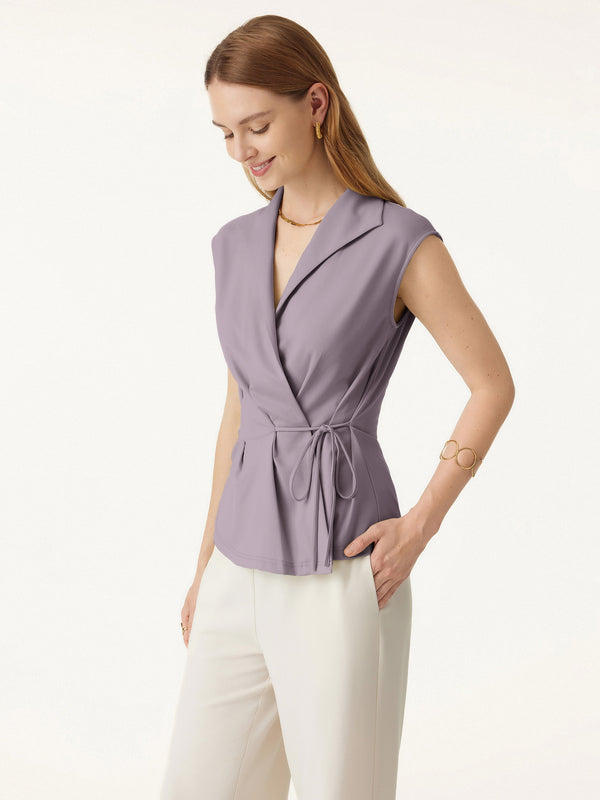 Icy Ponte Flap Collar Surplice Sleeveless Top with Drawstring Tie Taro Purple XS