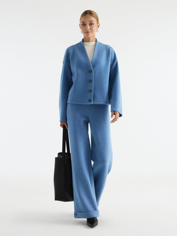 OGLmove 2Pcs Set V-Neck Button-Down Cardigan with Pockets & High-Rise Wide-Leg Pants with Pockets Heather Rock Blue XXS