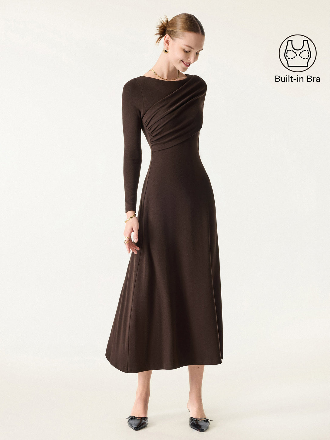 Chic Boatneck Ruched Midi Brami Dress Espresso Shut XS