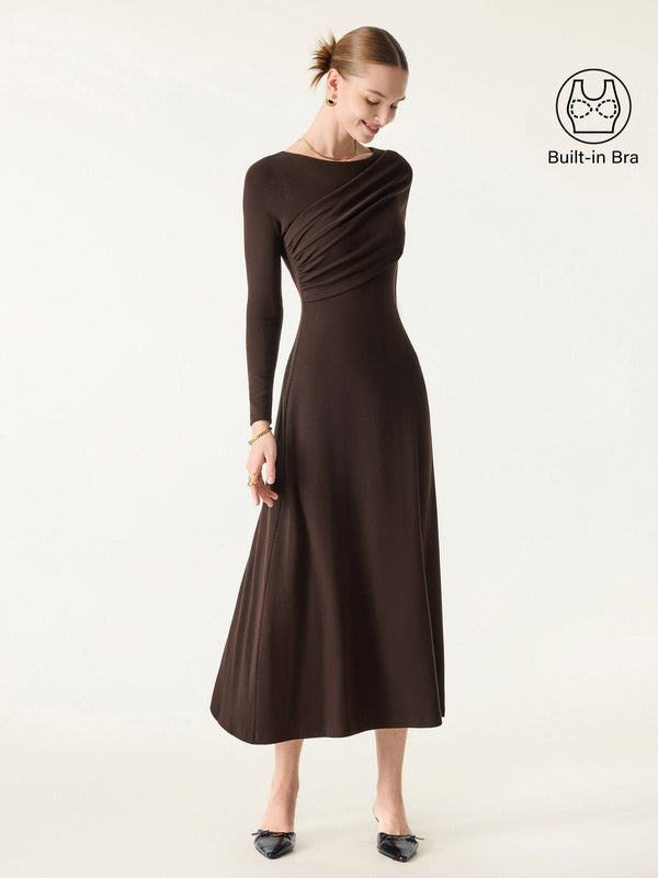 Chic Boatneck Ruched Midi Brami Dress Espresso Shut XS