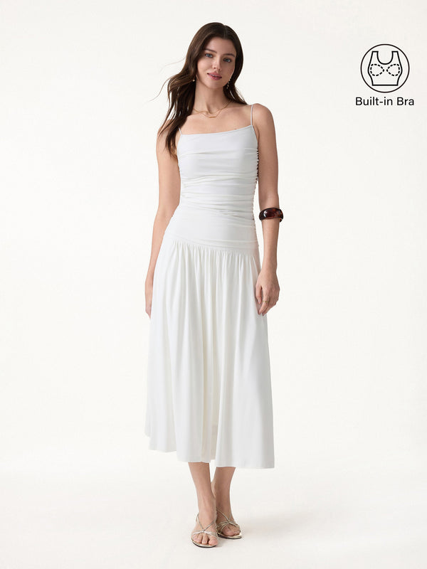 OGLmove 2Pcs Set Spaghetti Bra Top & Mid Rise Gathered Midi Skirt with Pockets