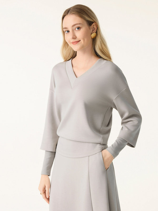 V-neck Hip Length Top with Sleeve Warmers