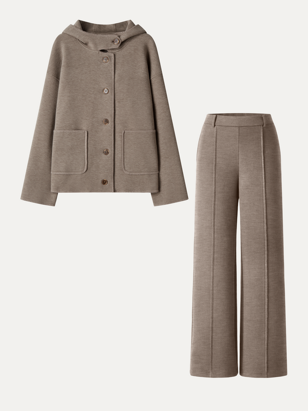 OGLmove 2Pcs Set Hooded Long Sleeve Jacket with Pockets & Mid-Rise Wide-Leg Pants with Pockets