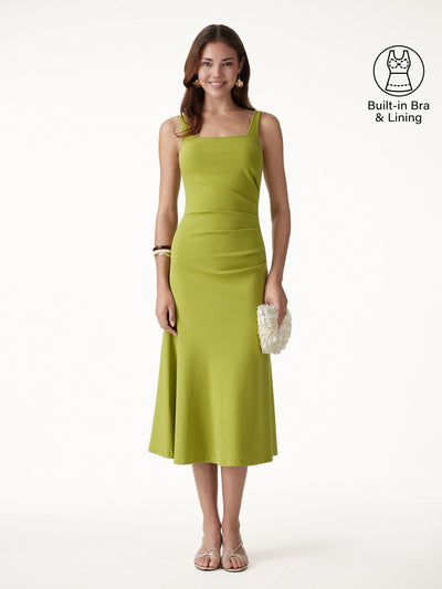 OGLmove Square Neck Tucked Open Back Bra Dress Deep Chartreuse Green XS