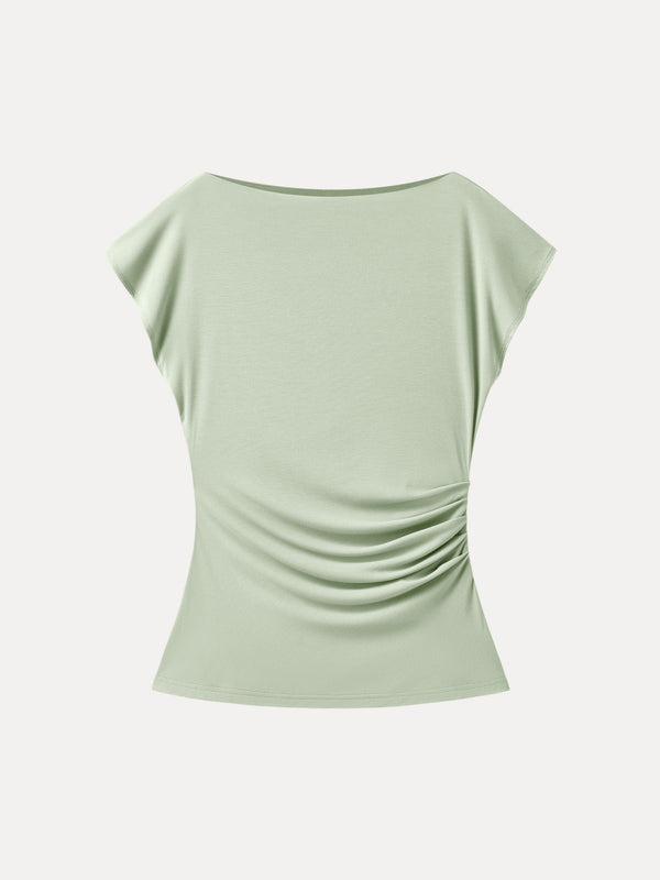 Boatneck Flutter Sleeve Side Tucked Long Tee