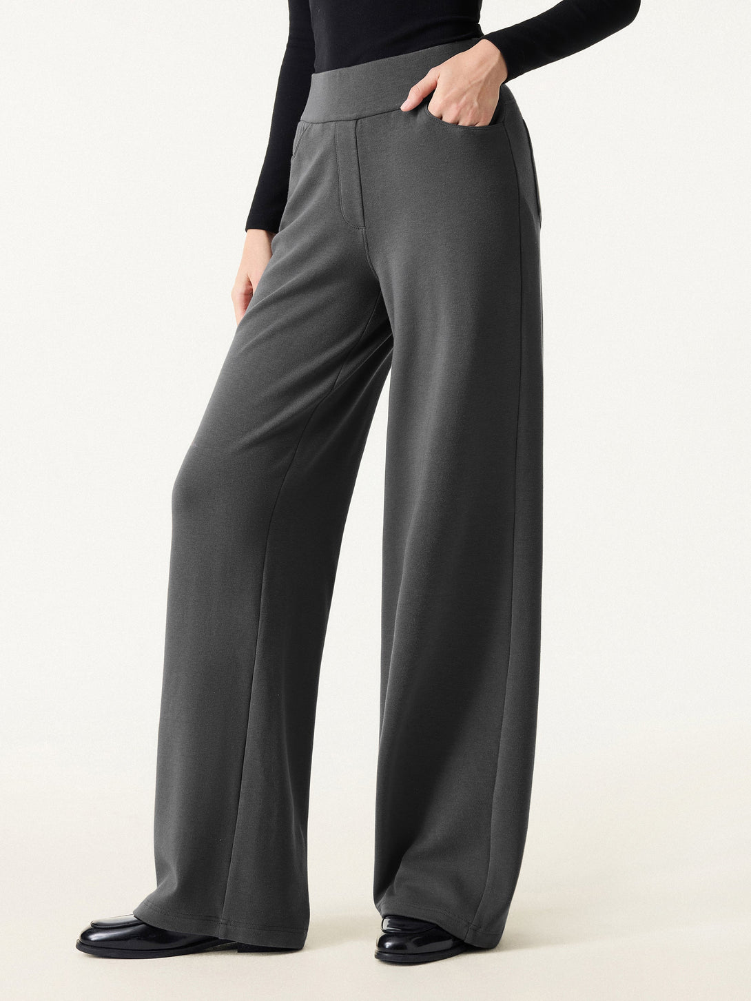 Mid Rise Wide Waistband Wide Leg Pull-on Pants with Pockets