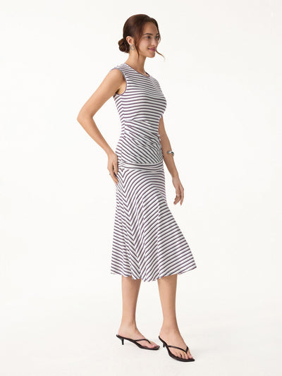 OGLmove 2Pcs Set Striped Tucked Sleeveless Bra Top & Circle Flare Ruched Midi Skirt