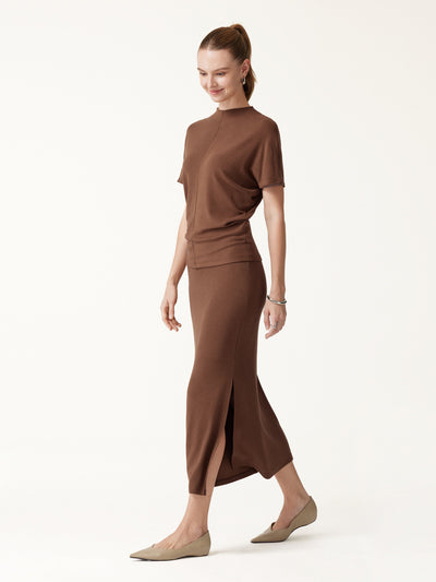 OGLmove 2Pcs Set Mock Neck Cap Sleeve Seamed Top & Mid-Rise Column Midi Skirt Sweet Hazelnut XXS