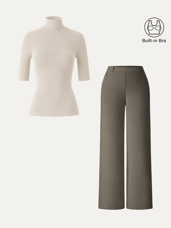 OGLmove 2Pcs Set Turtleneck Bra Tops & High Rise Wide Leg Pant