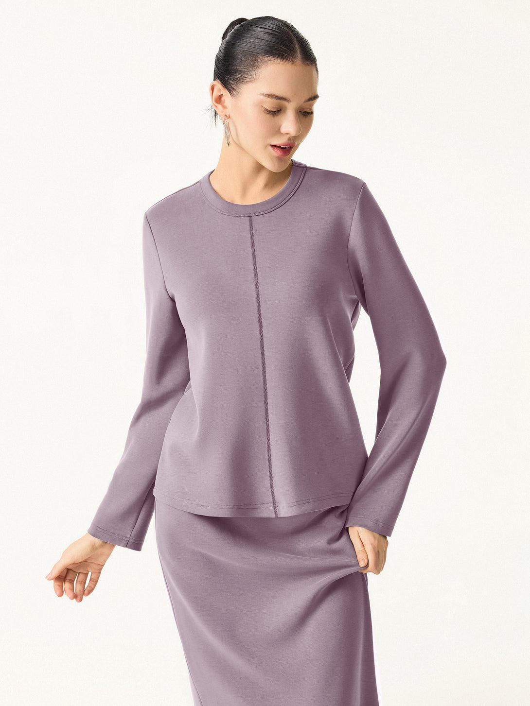 2Pcs Set Crew Neck Pullover Shirt & Wrinkle-Resistant Maxi Pull-on Skirt