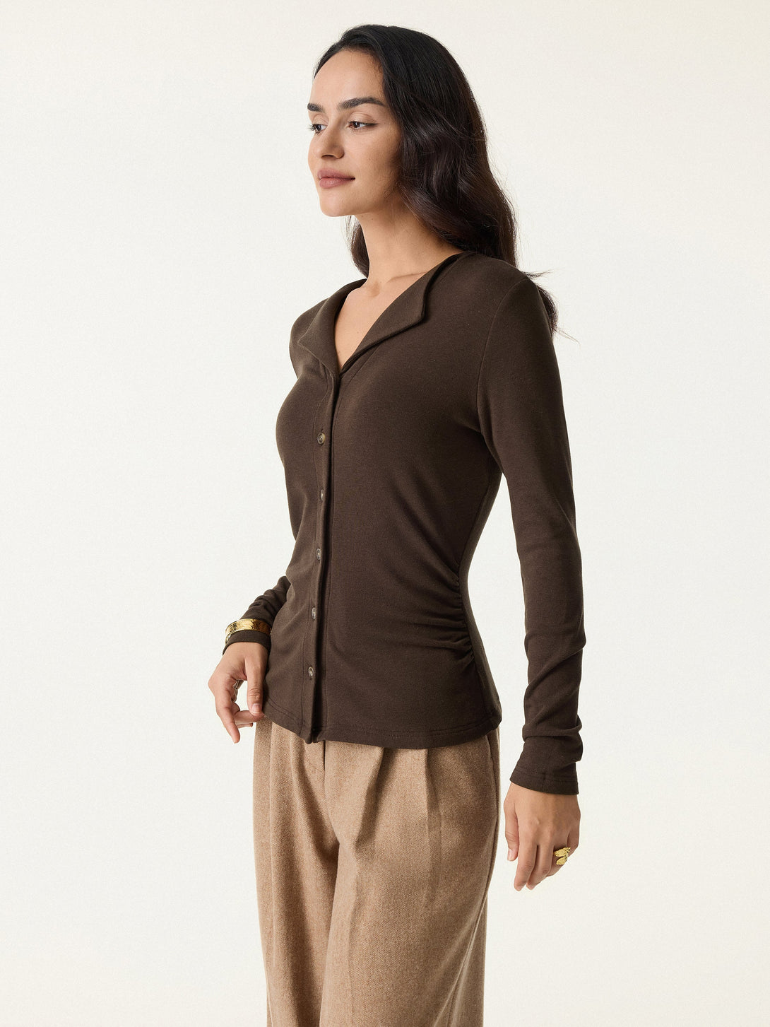 Flapped V-neck Button Front Side Ruched Top