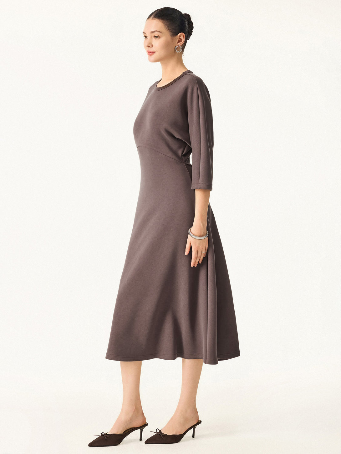 Chic Crewneck 3/4 Sleeves Midi Dress