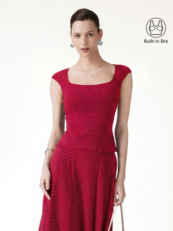 OGLmove Polka Dots Square Neck Built-In Bra Top 2.0 Red/White Polka Dot XS