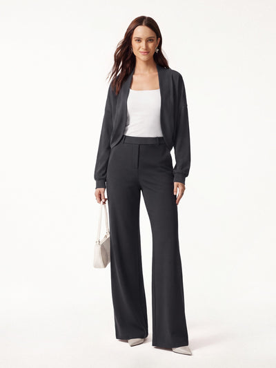 OGLmove 2Pcs Set Long Sleeve Shrug Cardigan & High-Rise Wide Leg Pants with Pockets Blue Charcoal XXS