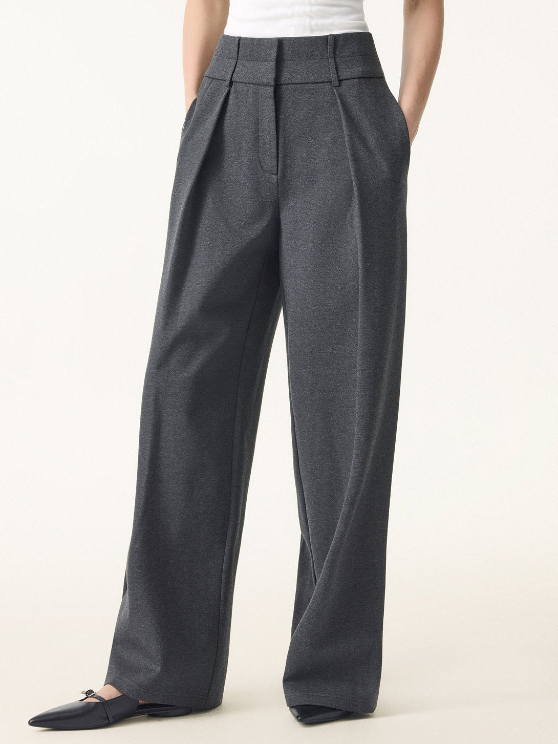 Stretchy High Rise Cropped Wide Leg Pants with Pockets Petite Heather Black