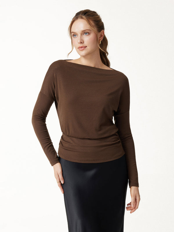 OGLmove Slash Neck Long Sleeve Ruched Banded Hem Top Brunette Brown XXS