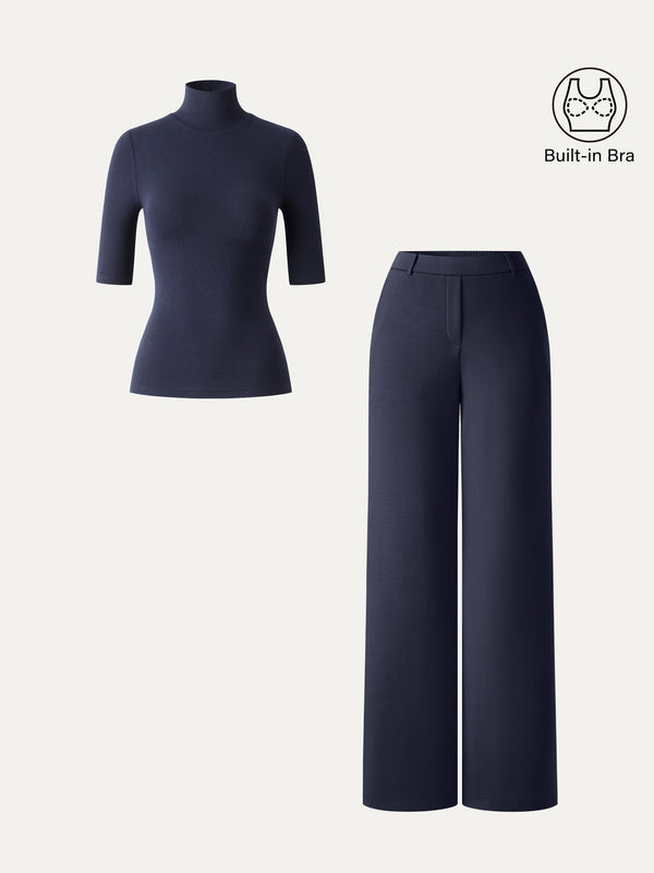 OGLmove 2Pcs Set Elbow Length Sleeve Bra Top & High-Rise Wide Leg Pants