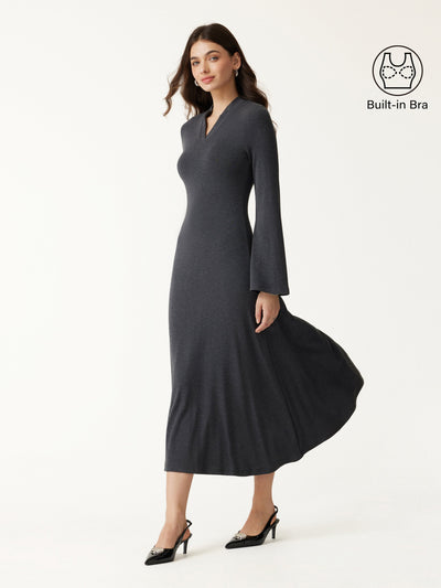 OGLmove Eco-Mousse® V-Neck Long Sleeve Flowy Midi Dress Heather Night Charcoal XXS