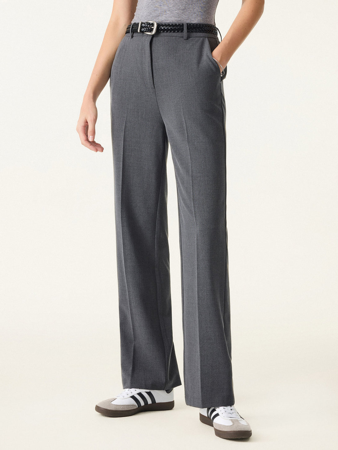 Mid Rise Straight Leg Creased Trousers with Pockets