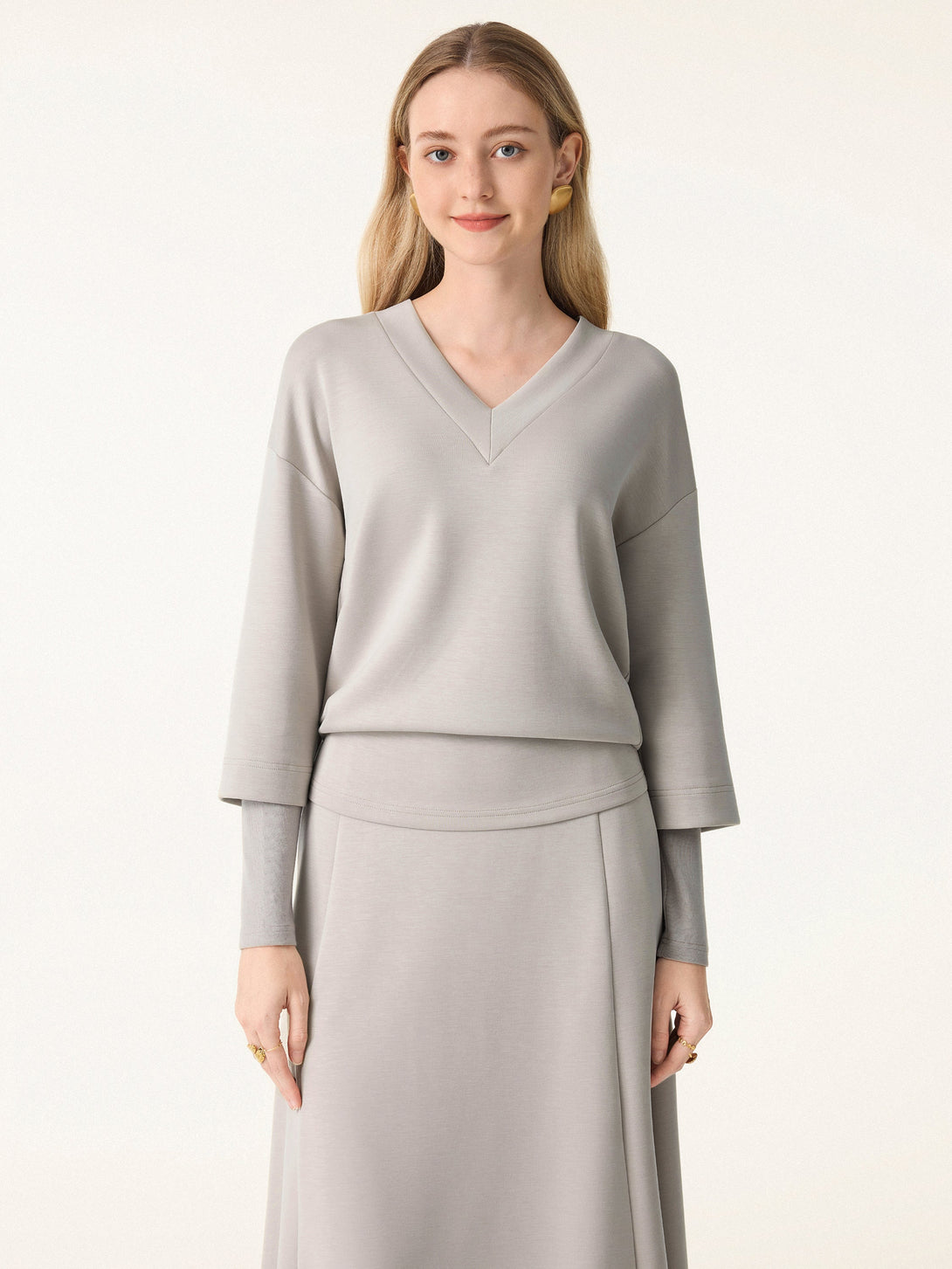 V-neck Hip Length Top with Sleeve Warmers Grey Steel XS