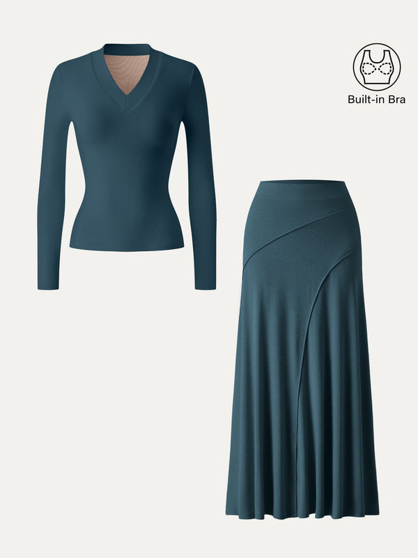 OGLmove 2Pcs Set V-neck Wide Binding Bra Top & Drapey A-Line Maxi Skirt