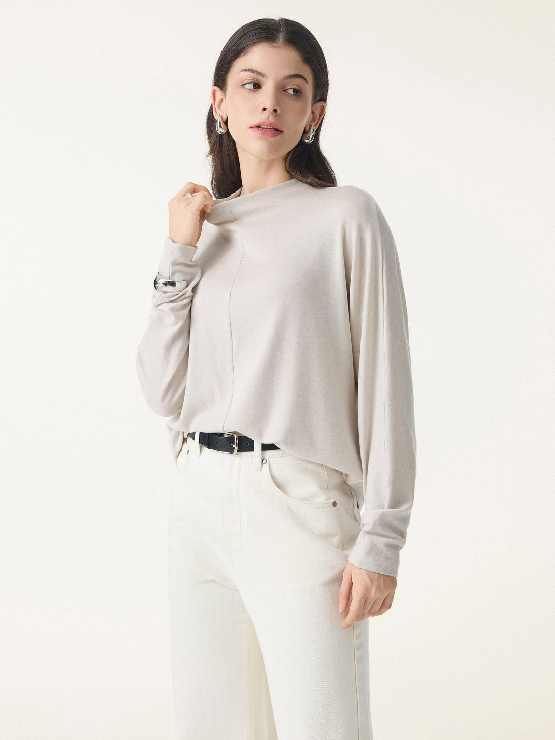 Lyocell Cashmere Relaxed Mockneck Batwing Sleeve Top