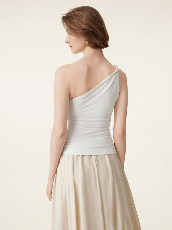 OGLmove 2Pcs Set One Shoulder Twisted Bra Tank & Mid Rise A-line Maxi Skirt