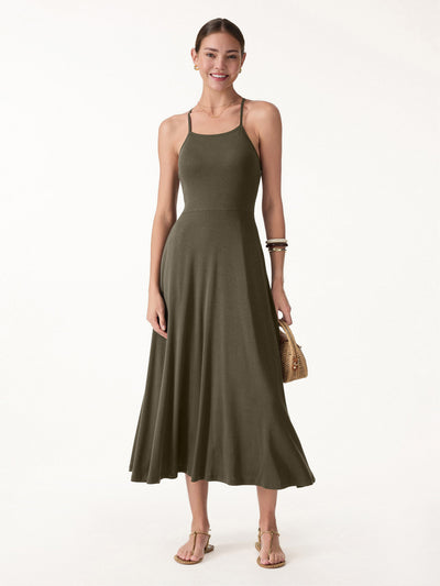 OGLmove Soft Linen Knit Spaghetti Midi Bra Dress Olive Green XS