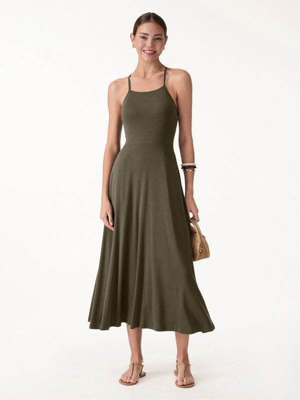 OGLmove Soft Linen Knit Spaghetti Midi Bra Dress Olive Green XS