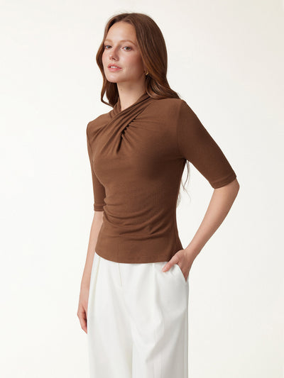 OGLmove Crisscross Mock Neck Elbow Sleeve Ruched Top Sweet Hazelnut XXS