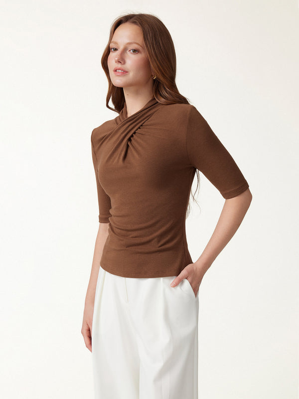 OGLmove Crisscross Mock Neck Elbow Sleeve Ruched Top Sweet Hazelnut XXS
