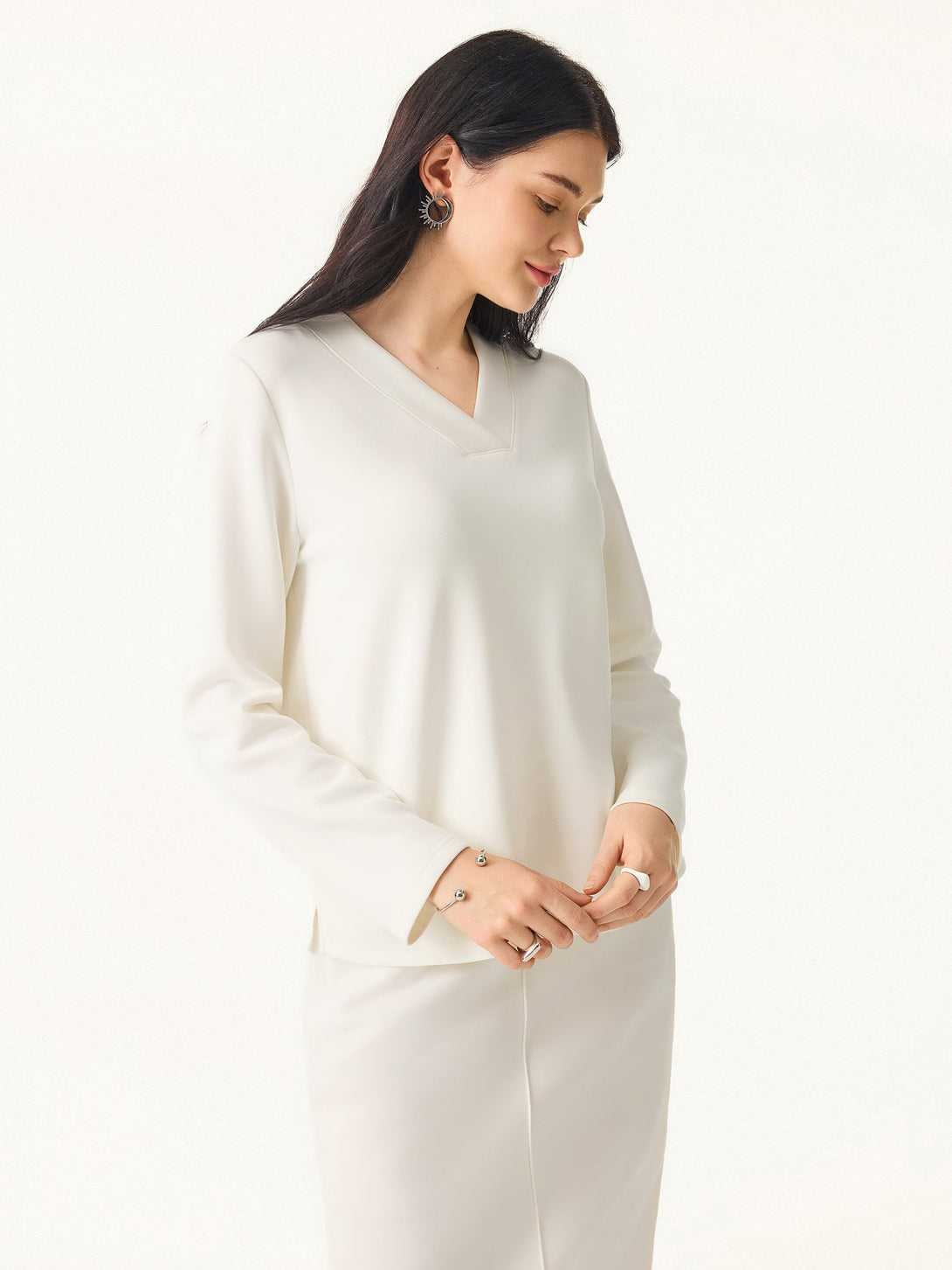 Modal Spacer V-neck Long Pullover Shirt