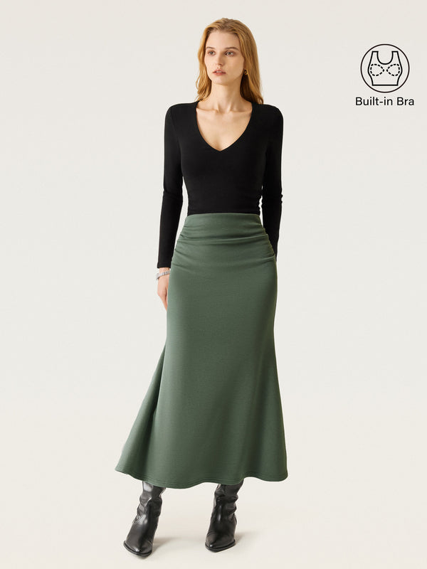 2Pcs Set V-Neck Brami Top & Mermaid Maxi Skirt Black/Moss XS