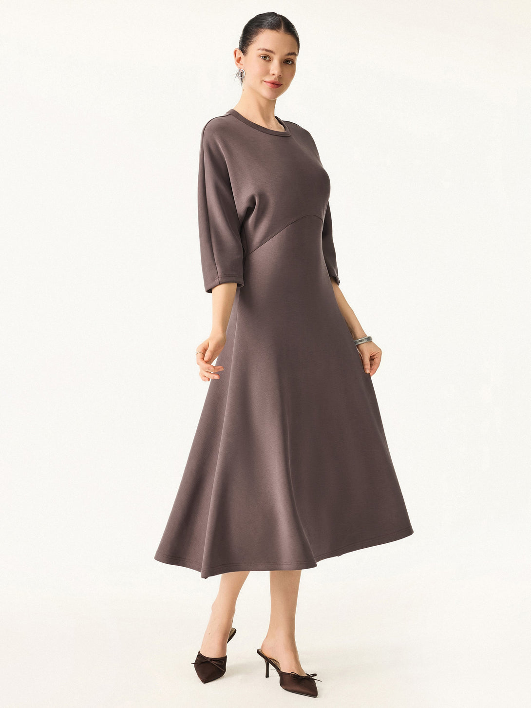 Chic Crewneck 3/4 Sleeves Midi Dress