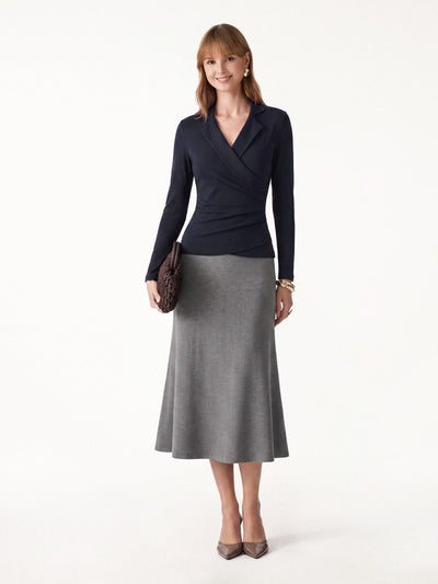 OGLmove 2Pcs Set Eco-Mousse® Collared Surplice Top & Soft Thermal Pull-On Midi Skirt Midnight Navy/Heather Carbon XXS
