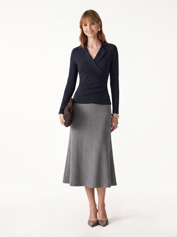 OGLmove 2Pcs Set Eco-Mousse® Collared Surplice Top & Soft Thermal Pull-On Midi Skirt Midnight Navy/Heather Carbon XXS