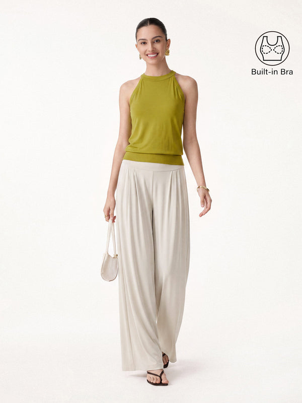 OGLmove 2Pcs Set Halter Neck Bra Tank & Tucked Pant with Pockets Olive Spring Green/Morning Mist XS