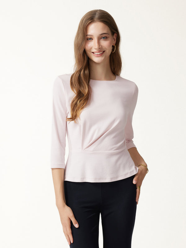 OGLmove Cotton Lyocell Round Neck 3/4 Sleeve Tucked Top Barely Pink XXS