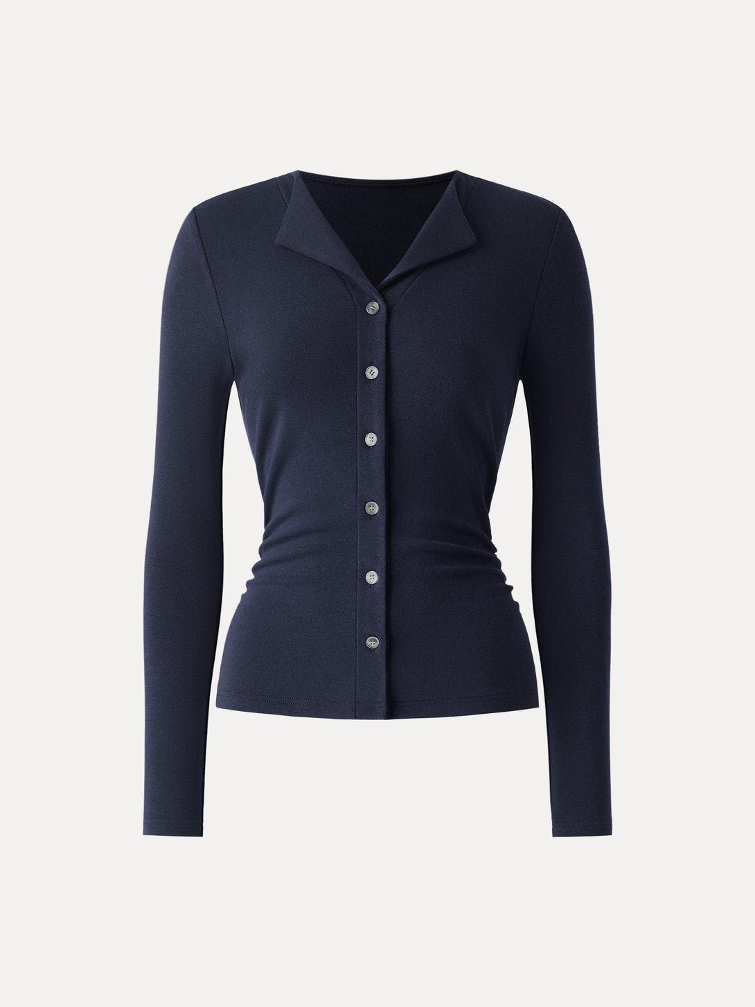 Flapped V-neck Button Front Side Ruched Top Midnight Navy XS