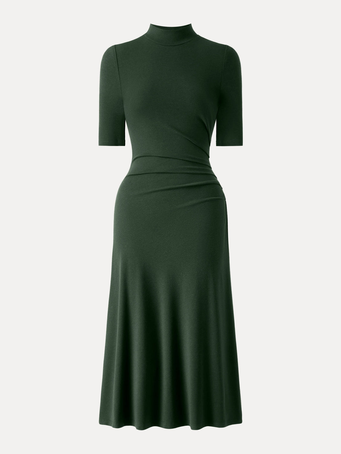 Mockneck Elbow Length Sleeve Tucked Midi Dress Regular Bush Green