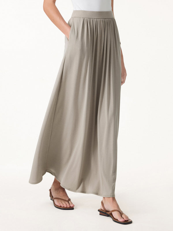 OGLmove Soft Linen Knit Gathered A-Line Maxi Skirt with Pockets Dark Alabaster XS