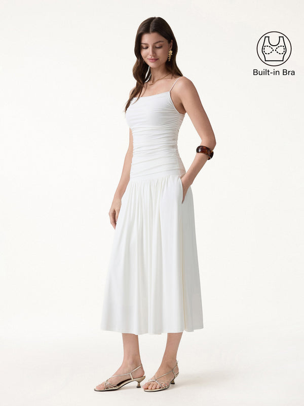 OGLmove 2Pcs Set Spaghetti Bra Top & Mid Rise Gathered Midi Skirt with Pockets Pure White XS