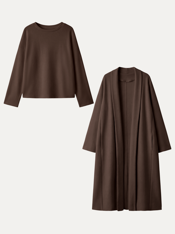OGLmove 2Pcs Set MaxWarm Shawl Collar Long Sleeve Midi Cardigan with Pockets & Boatneck Long Sleeve Textured Top