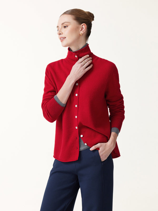 OGLmove Merino Wool Cashmere Blend Mock Neck Long Sleeve Sweater Cardigan Red XXS