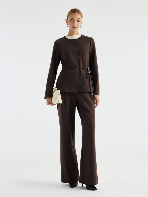 OGLmove 2Pcs Set Round Neck Belted Jacket with Pockets & High-Rise Wide-Leg Pants with Pockets Black Chocolate Brown XXS