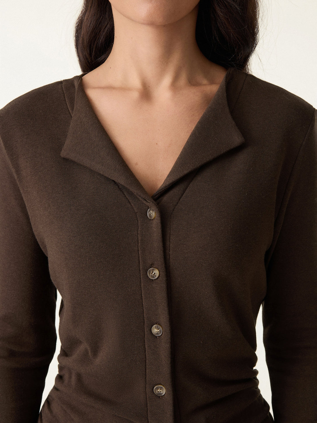 Flapped V-neck Button Front Side Ruched Top