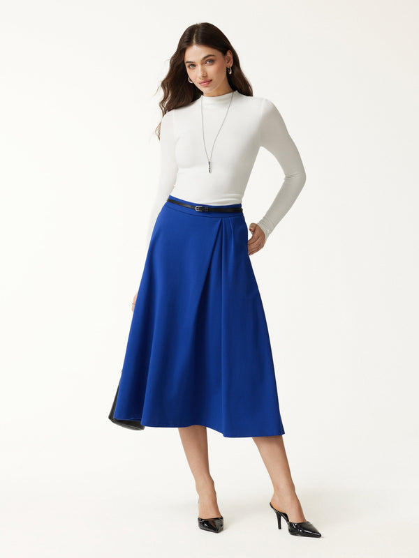 OGLmove Ponte Mid-Rise Tucked A-Line Midi Skirt with Pockets