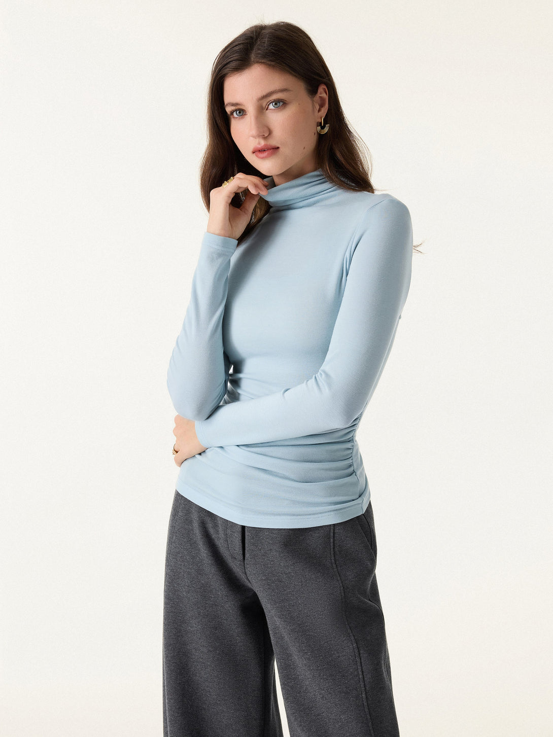 Lyocell Cashmere Turtleneck Side Ruched Top