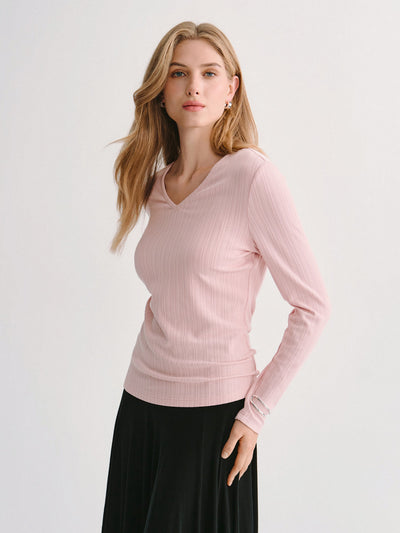 OGLmove Textured Cotton-Viscose V-Neck Long Sleeve Top Light Pink XXS